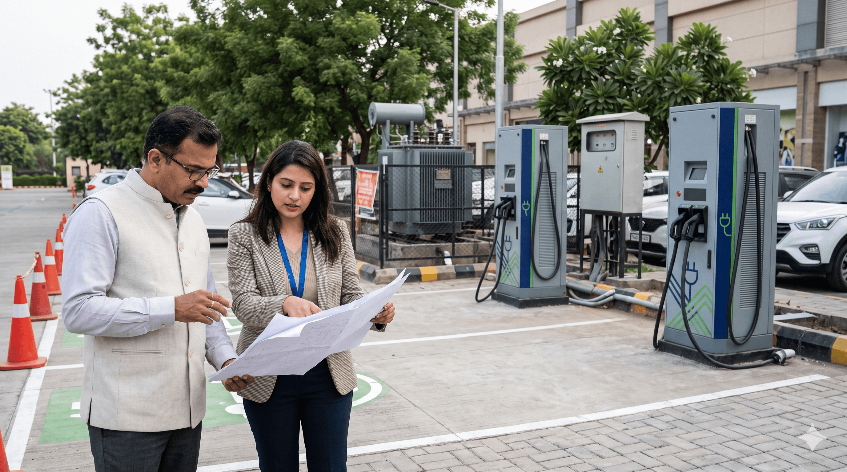 Conceptual scene of a site owner and adviser reviewing plans beside DC chargers