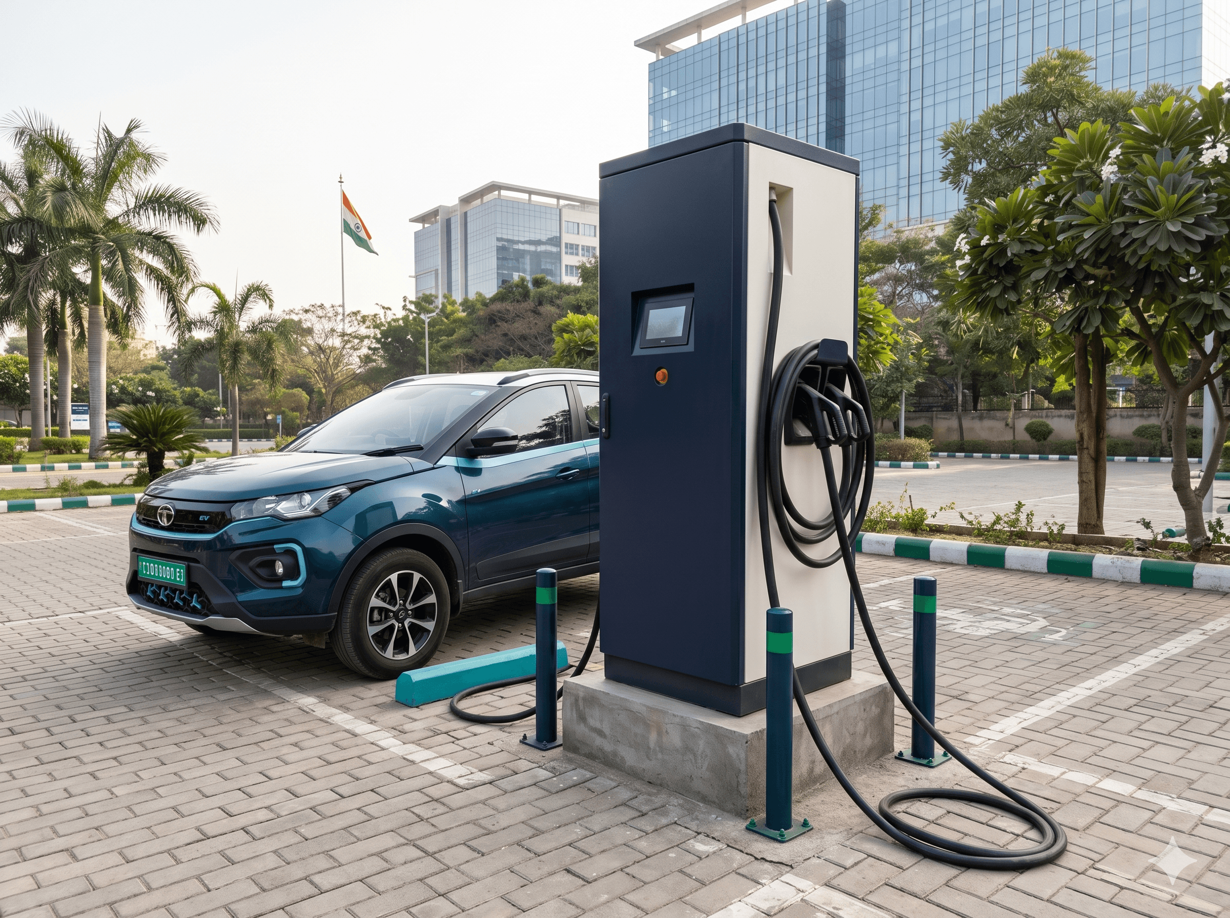 Illustrative commercial charging site with an electric car and charger