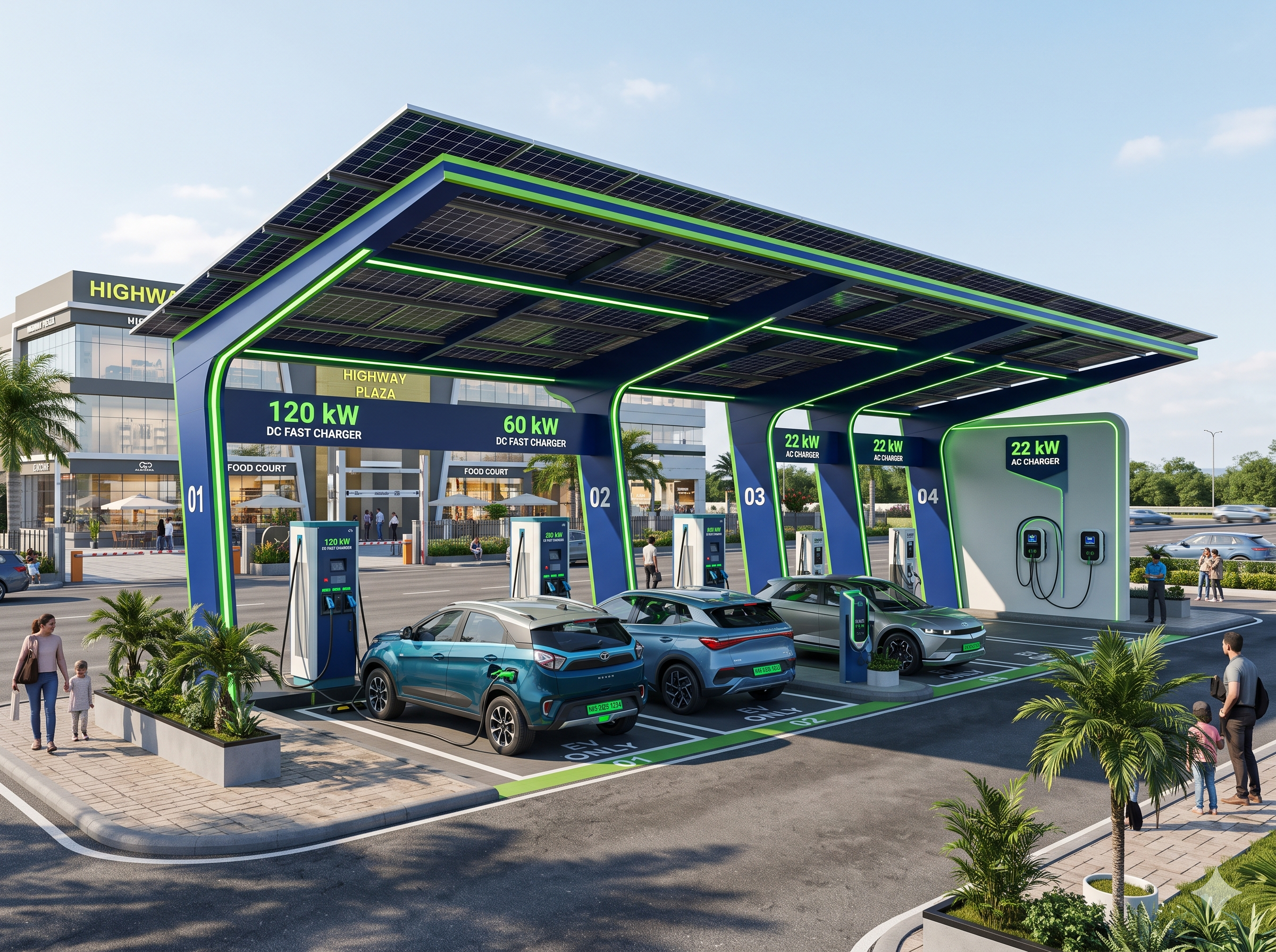 Concept illustration of an EV charging plaza beside commercial premises
