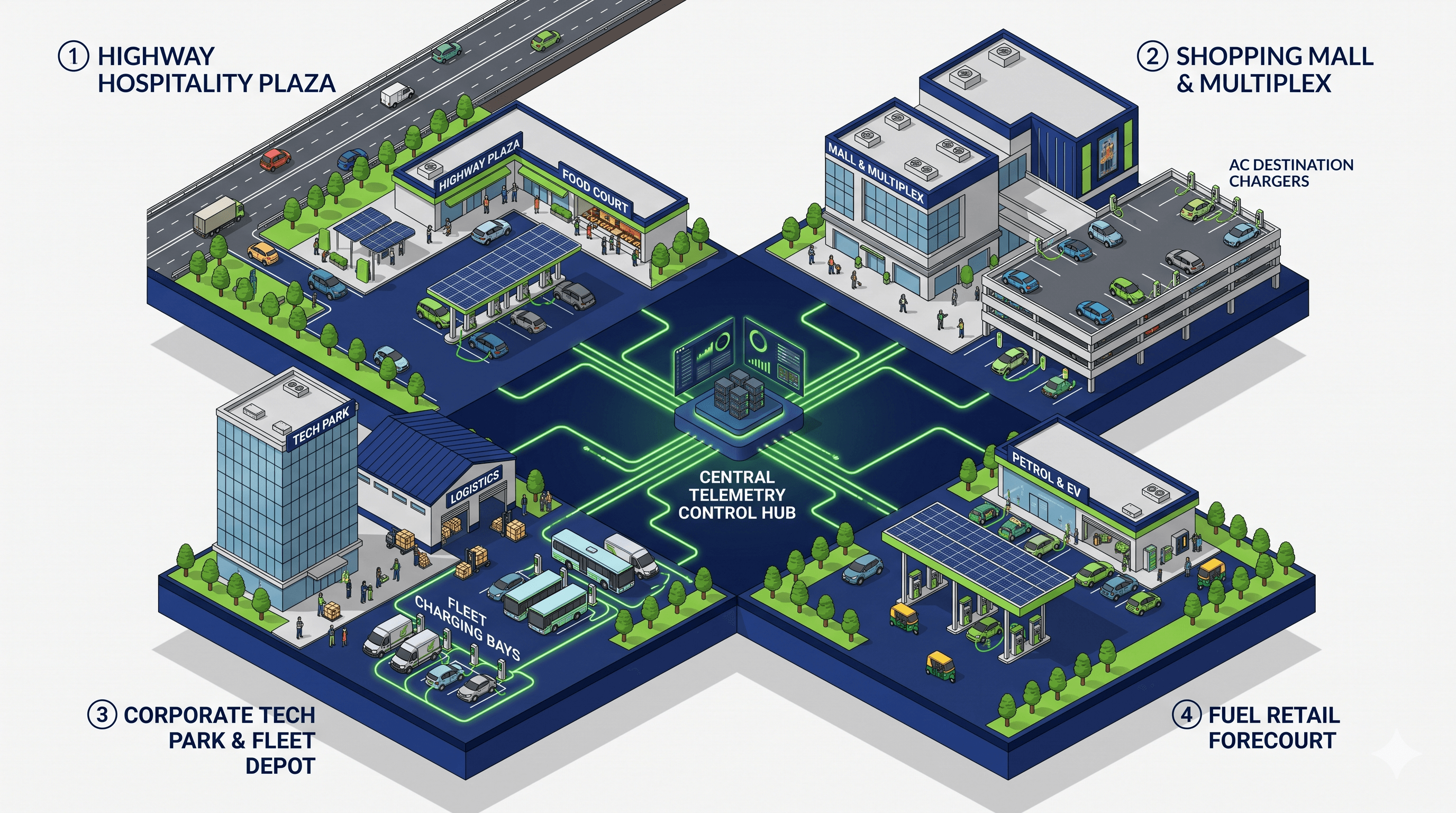 Illustrated highway, retail, workplace and fleet charging settings