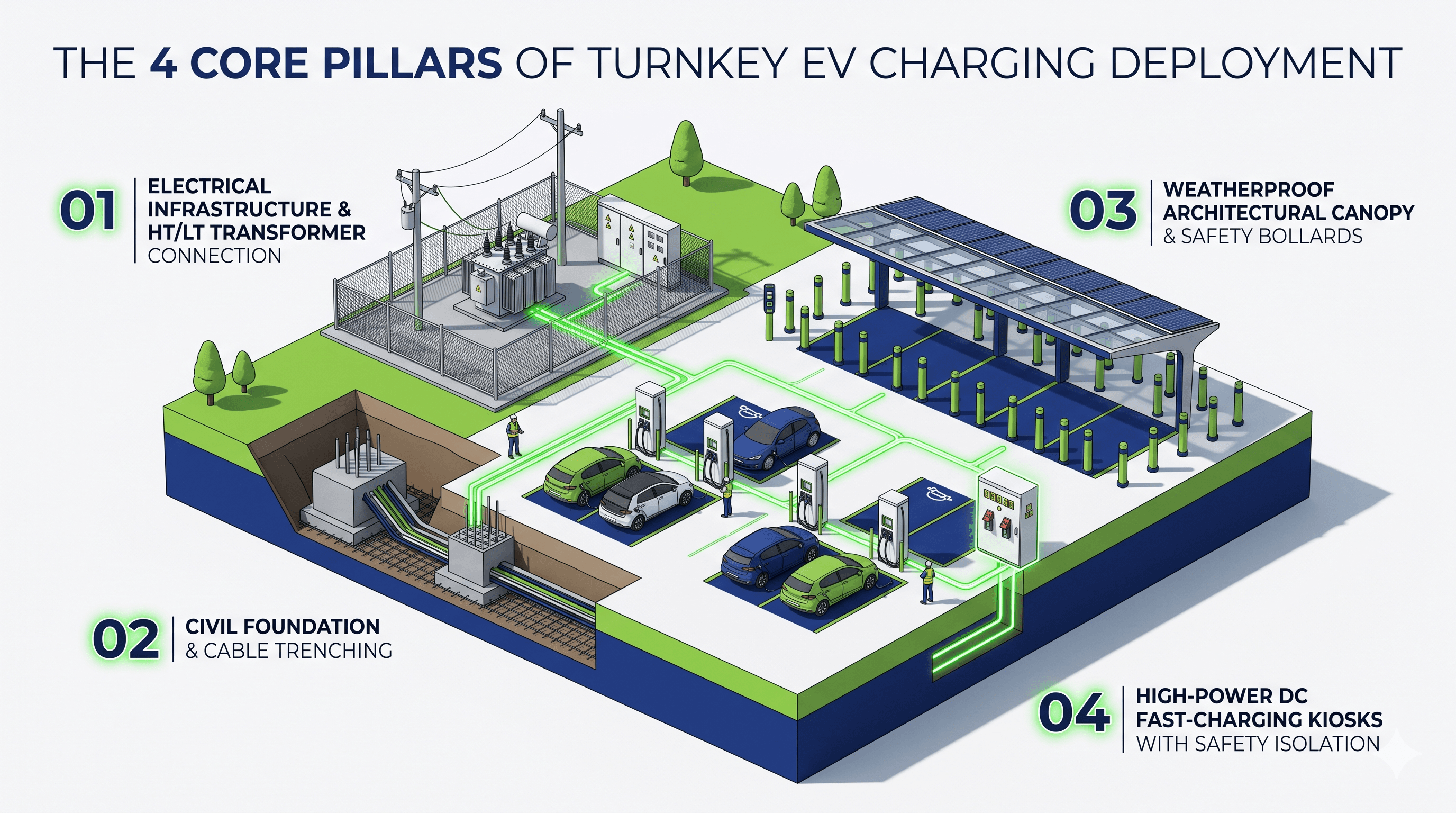Conceptual charging-site infrastructure: electrical connection, civil foundation, canopy and DC chargers