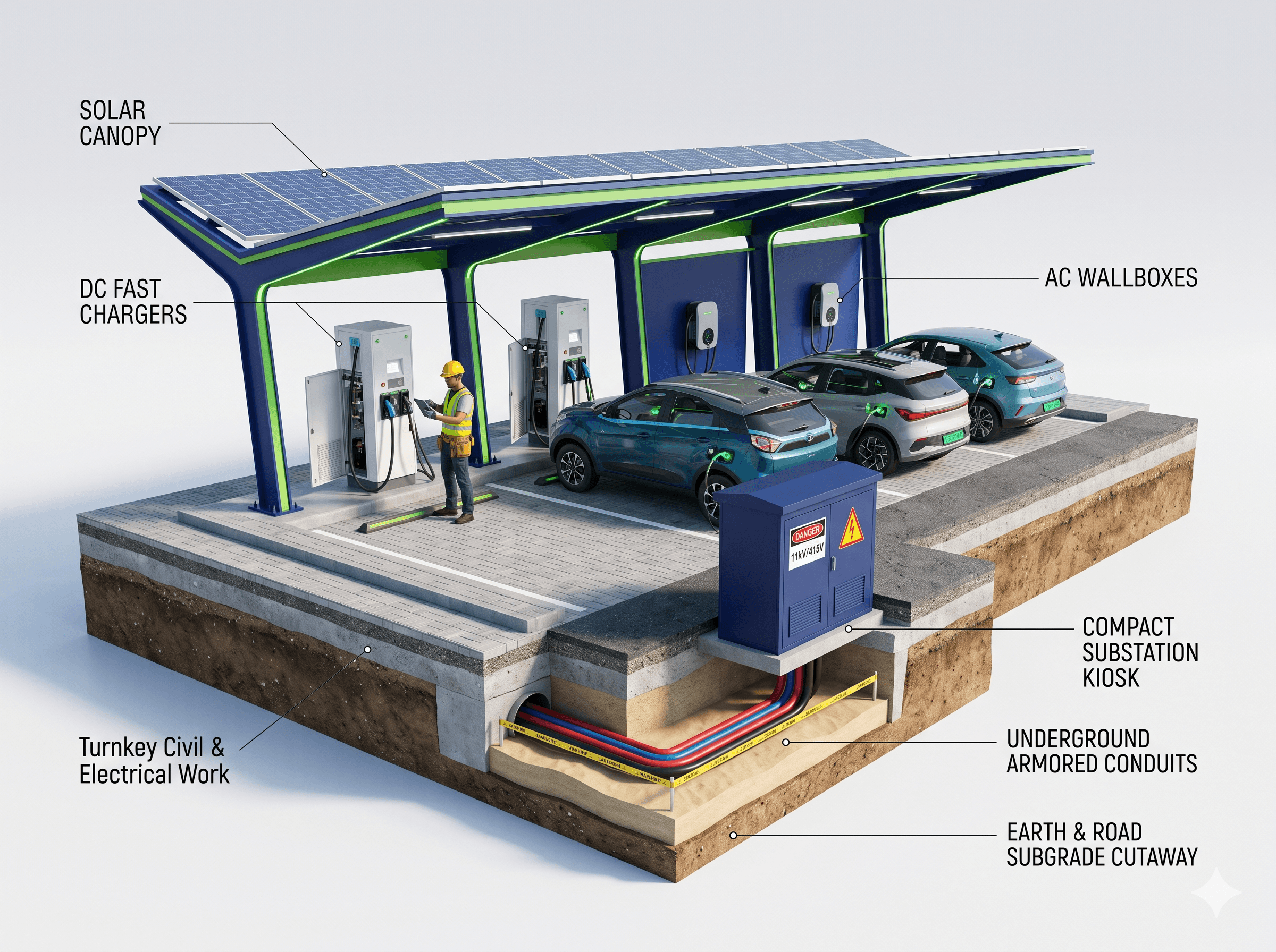 Conceptual charging site showing DC chargers, AC wallboxes and possible electrical and civil infrastructure
