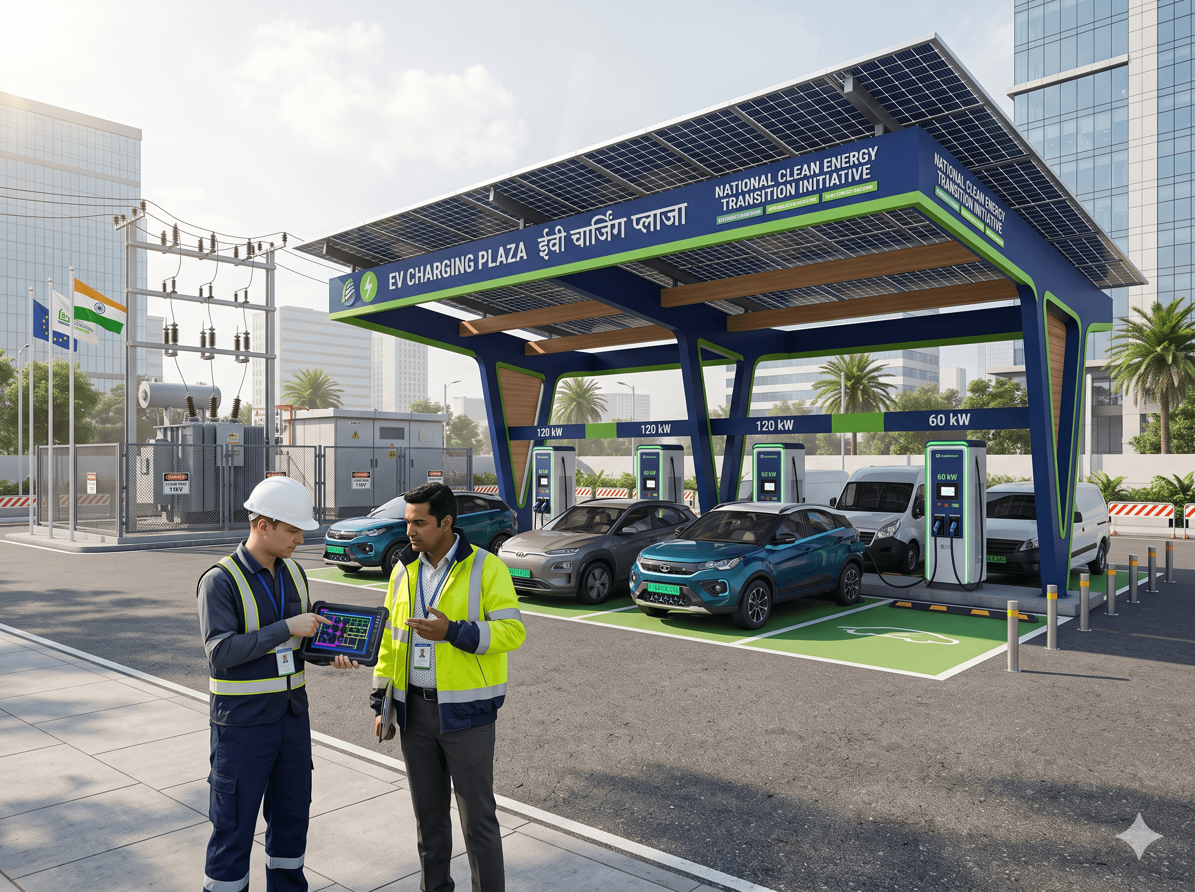 Conceptual EV charging site with consultants reviewing a project